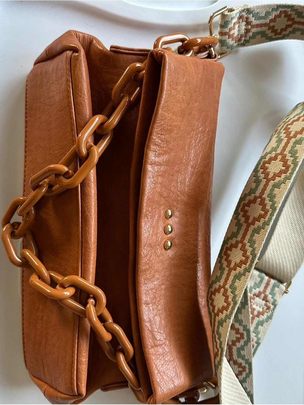 Leather Crossbody Bag with Patterned Adjustable Strap - Brown